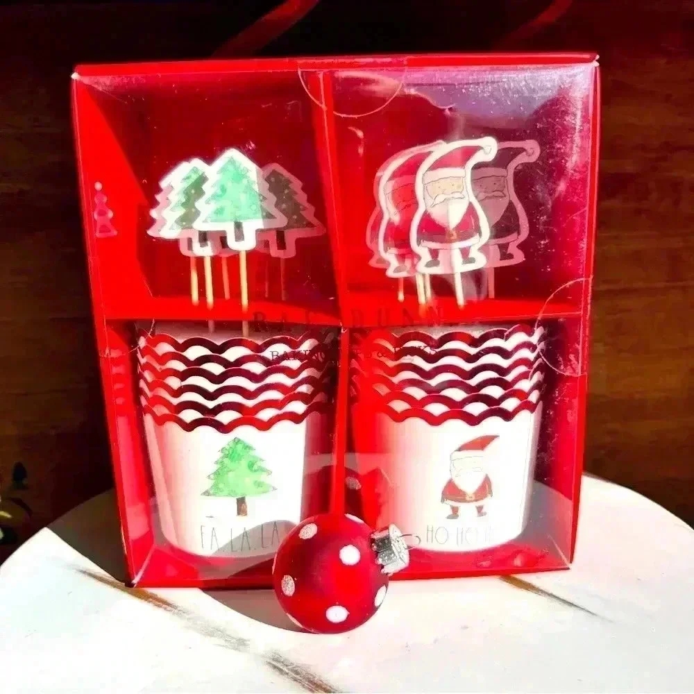 24 pc SET - Rae Dunn Cute Baking Cup SET - 12 baking Cups & 12 Holiday Picks